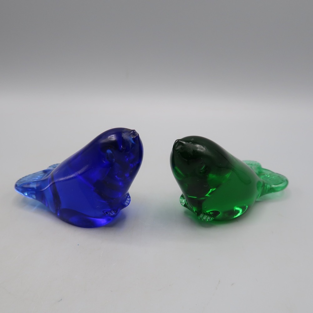 2 Cobalt Blue & Green Glass Seals Set 3 inches long Paper weight Art‎ Glass Lot